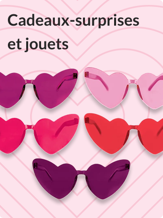 Des lunettes de soleil en forme de cœur de couleurs différentes.