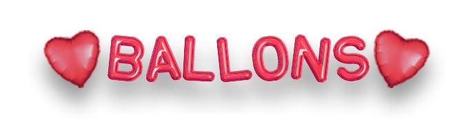 Deux ballons rouges en forme de cœur chaque côté de ballons gonflables en forme de lettres épelant Ballons.