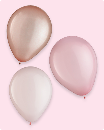 Trois ballons ronds en latex aux couleurs rose, or rose ou blanc.