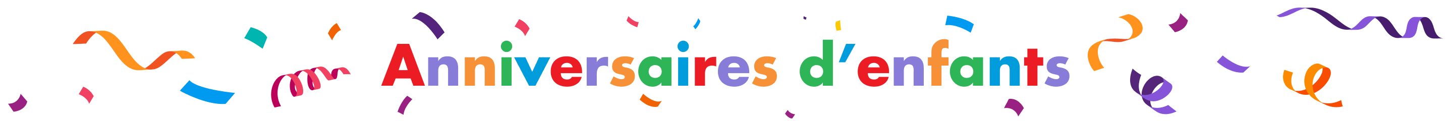 Les mots Anniversaires d’enfants en lettres multicolores entourées de confettis multicolores.