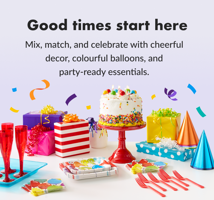 A banner with multi-colour inflatable birthday balloons, party hats, presents, tableware and cake. 