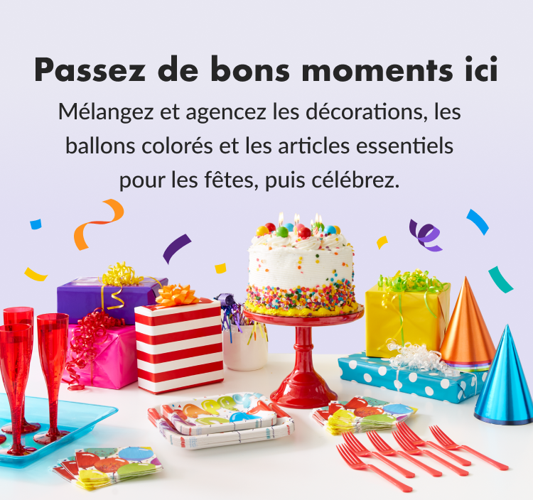 Une bannière avec des ballons d’anniversaire gonflables multicolores, des chapeaux de fête, des cadeaux, de la vaisselle et un gâteau.