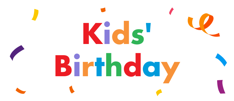 Multi-coloured banner that spells out the words Kids' Birthday.
