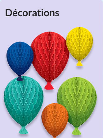 Des décorations suspendues en papier nid d’abeille en forme de ballons d’anniversaire de plusieurs couleurs.