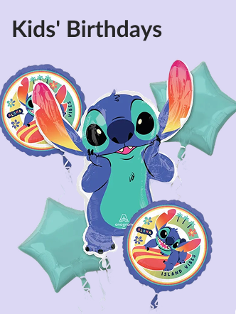 The character Stich from Lilo and Stich surrounded with green star balloons and themed paper plates.