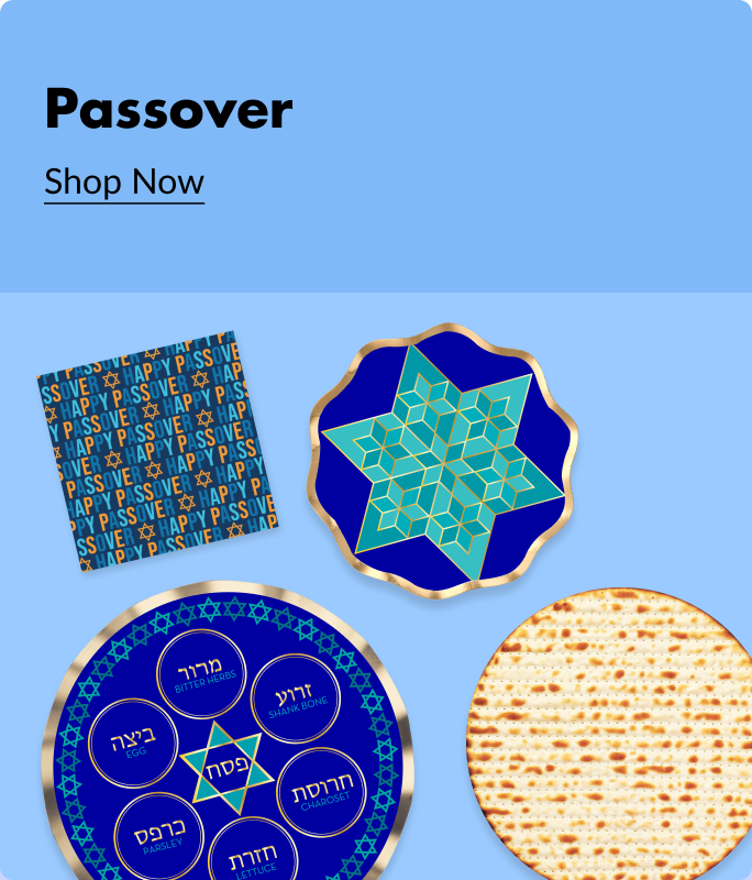 Blue, turquoise, gold and yellow Passover-themed plates and napkins. 