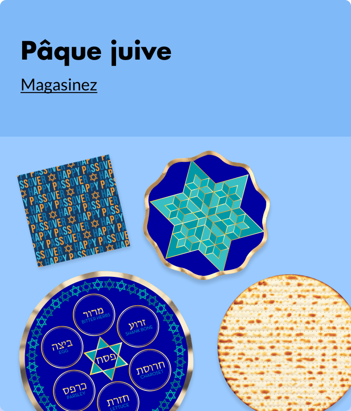Assiettes et serviettes de table bleu, turquoise, or et jaune à thème de la Pâque juive.