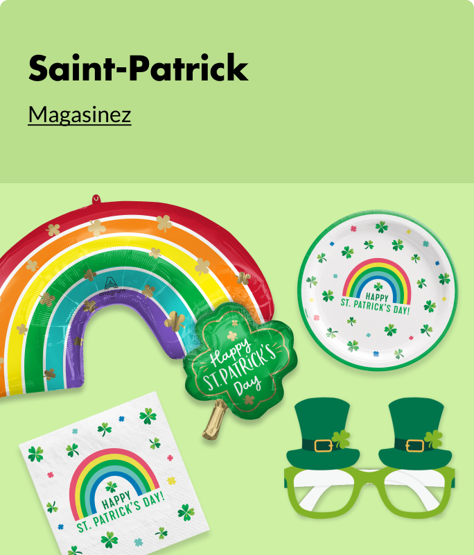 Un ballon gonflable en forme d’arc-en-ciel avec un trèfle doté des mots «&nbsp;Happy St. Patrick’s Day&nbsp;», entouré d’articles pour la Saint-Patrick&nbsp;: serviettes de table, assiettes et lunettes à thème de lutin.