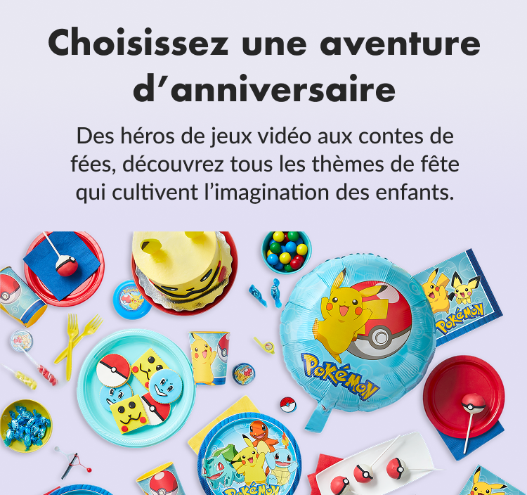 Une bannière affichant de la vaisselle, des ballons et des fournitures de fête à thème de Pokémon et Harry Potter.