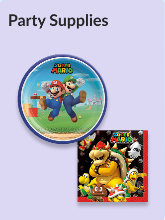 A paper napkin and party plate decorated with green, red, orange, turquoise, yellow, purple and blue balloons with the text 'Happy Birthday' written on it.