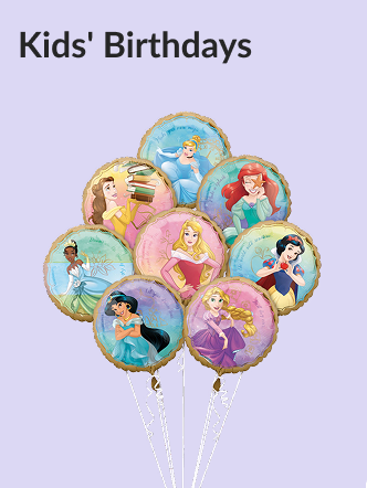 A Mario-shaped balloon surrounded by Super Mario Bros. and red and blue star-shaped balloons.