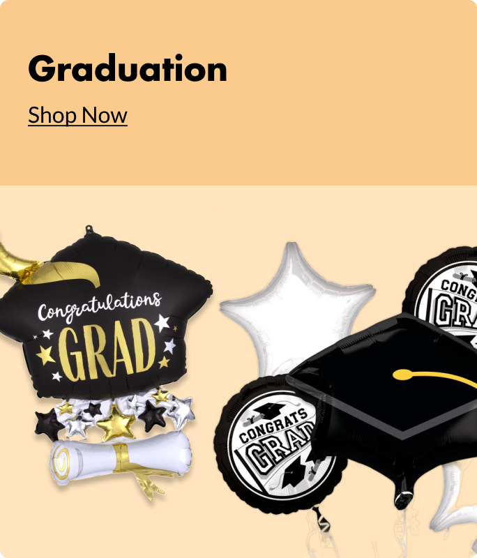A black graduation cap balloon with a diplima that says 'Congratulations Grad' beside a white star balloon, another black graduation cap-shaped balloon and two circular balloons. 