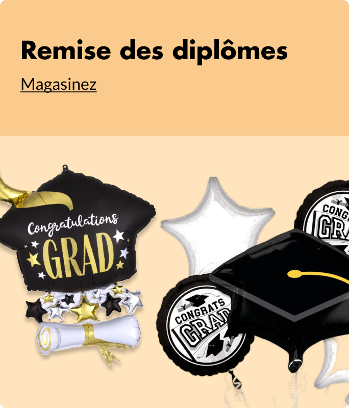 Un ballon en forme d'un mortier noir et d'un diplôme doté des mots «&nbsp;Congratulations Grad&nbsp;» à côté d’un ballon blanc en forme d’étoile, d’un autre ballon en forme de mortier noir et de deux ballons ronds.