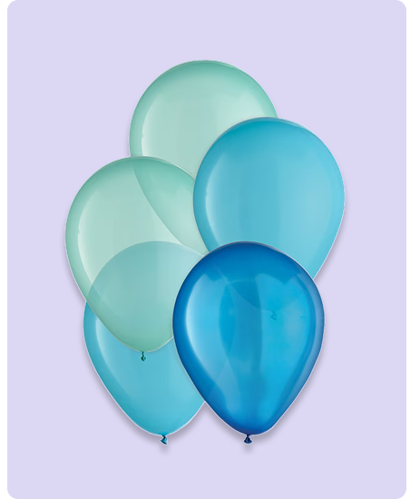 a bouquet of blue and green round balloons.