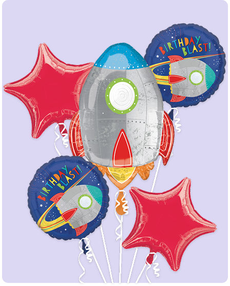 A rocket-shaped balloon surrounded by space-themed balloons and red star balloons. 
